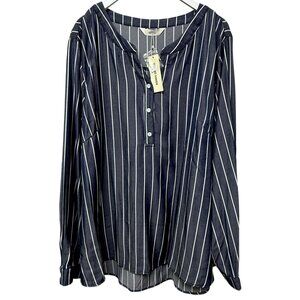 Agnes Orinda Tunic Blouse Plus Size 4X Long Sleeve Denim Blue Pinstripe NWT